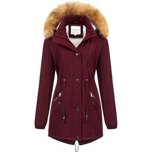 Chrisuno Women's Mid-Length Winter Parka Faux Fur Coat in Burgundy, Size S​